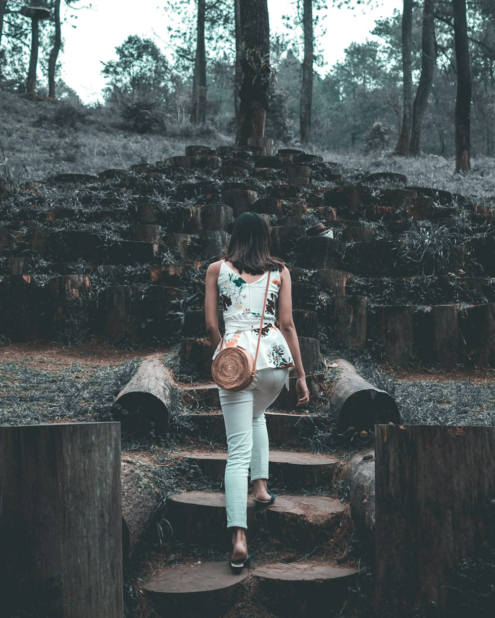 woman walking on stairs