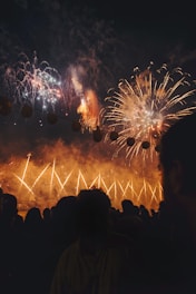 A vibrant fireworks display lighting up the night sky over a joyful crowd.