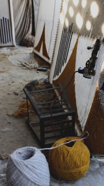 A cozy workspace with colorful yarns and a partially tufted rug in progress.