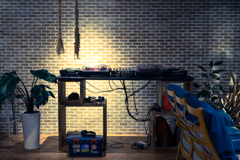 black audio system on brwon wooden table