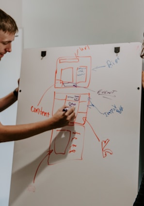 man drawing on dry-erase board