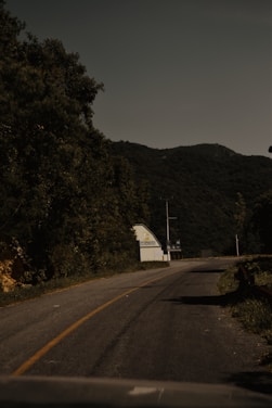 A rural road curves gently to the right, bordered by lush green trees and vegetation on one side. In the distance, dark green hills or mountains rise under a slightly overcast sky. A roadside sign can be seen with the word 'Hidalgo' on it, partially obscured by the shadows of the trees.
