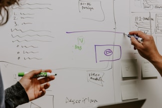 two people drawing ideas on whiteboard