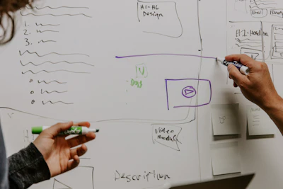 Two people collaborating at a whiteboard