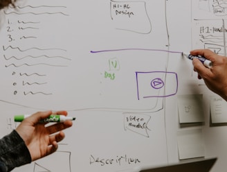 two people drawing on whiteboard