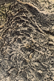 An intricate pattern of dark, wavy lines and lighter sandy textures reminiscent of rugged, natural rock formations. There is a combination of earthy tones, with the swirling dark patterns creating a sense of movement and complexity across the surface.