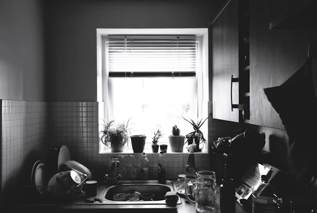 Before and after photos showing a sparkling clean kitchen and living room