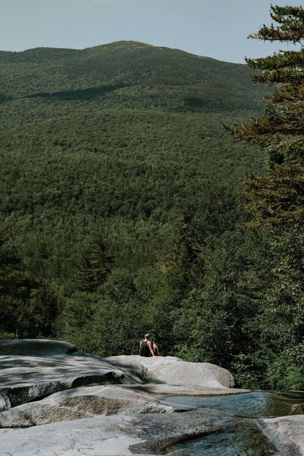 Person, die tagsüber auf einer Bergklippe mit Blick auf grüne Bäume sitzt