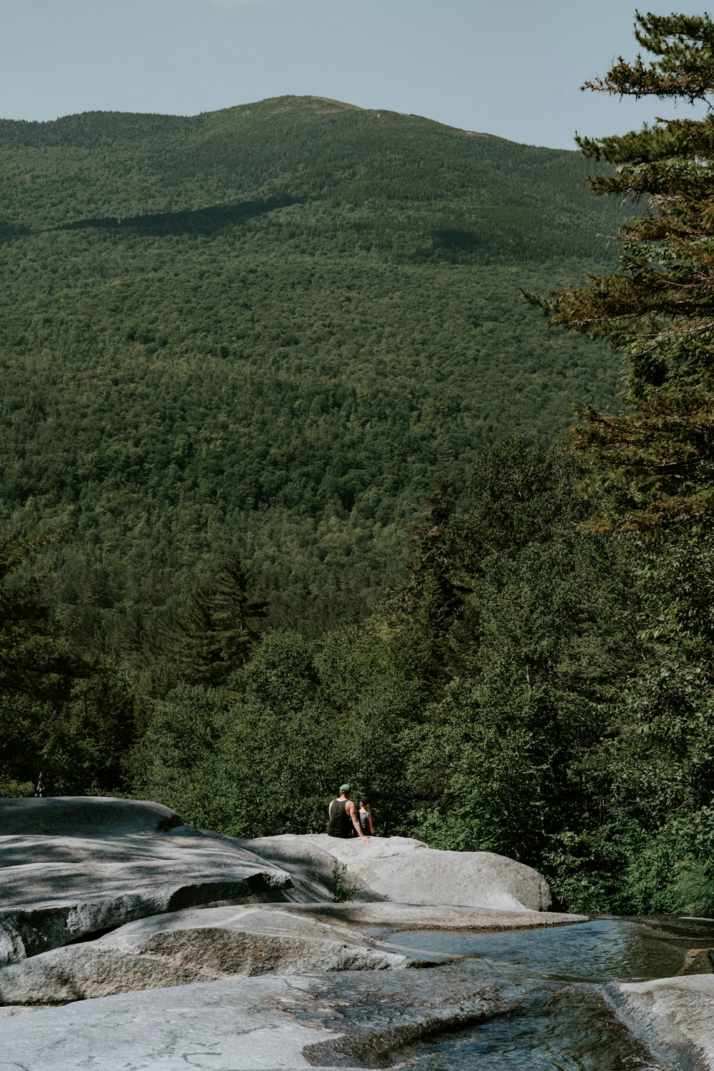 person sitting on mountain cliff overlooking green trees during daytime