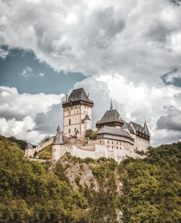 A grand medieval castle is perched atop a lush, green hill with thick forests surrounding it. The castle features multiple towers with steep, gray slate roofs and intricate stone walls. The architecture is impressive, exuding historical charm and strength. Above, a dramatic sky filled with large, fluffy clouds adds a dynamic backdrop.
