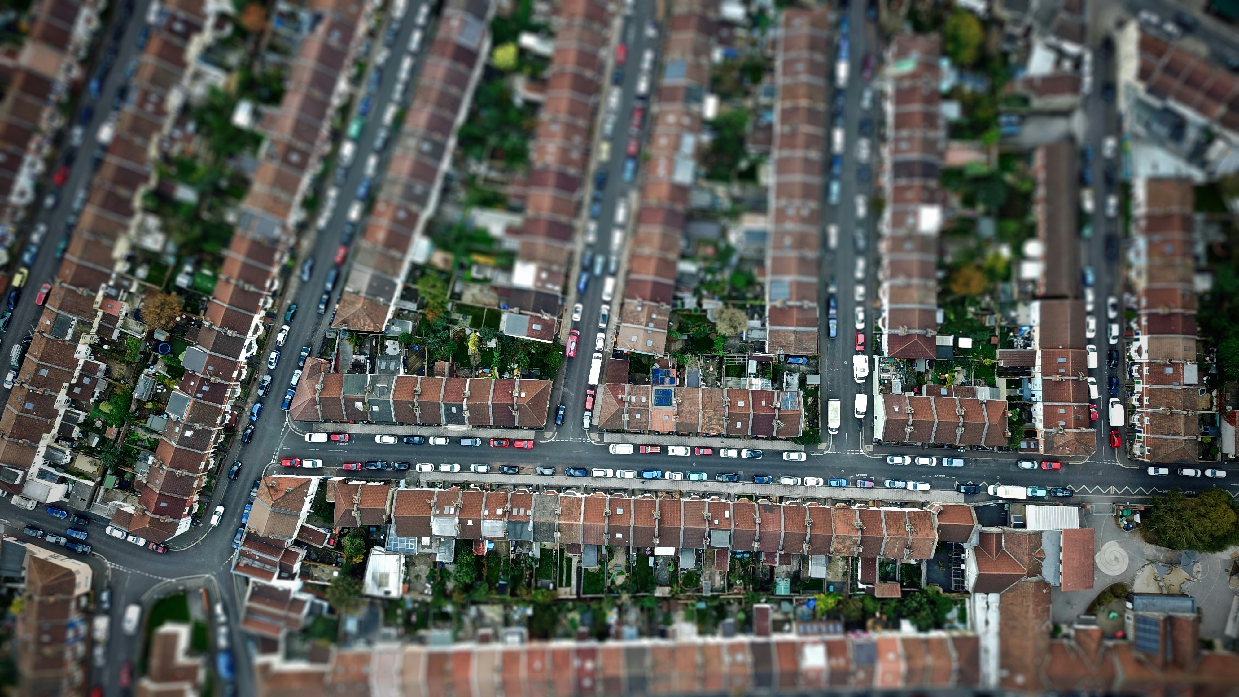 A vertical shot taken above a housing estate in Bristol city.