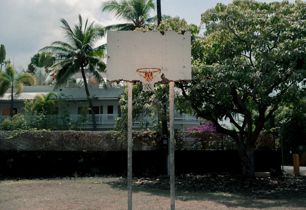 屋外の白いバスケットボールフープ