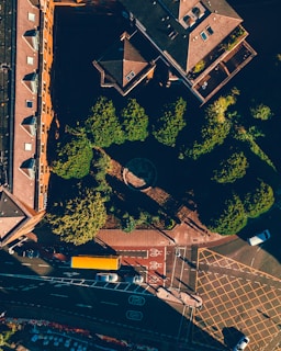 An aerial view of a street junction, featuring a yellow bus and several cars. The image shows roads marked with lanes, bike paths, and a variety of trees surrounding a courtyard. Buildings with rooftops can be seen lining the top left of the image, while shadows cast by trees and structures add a contrasting effect.