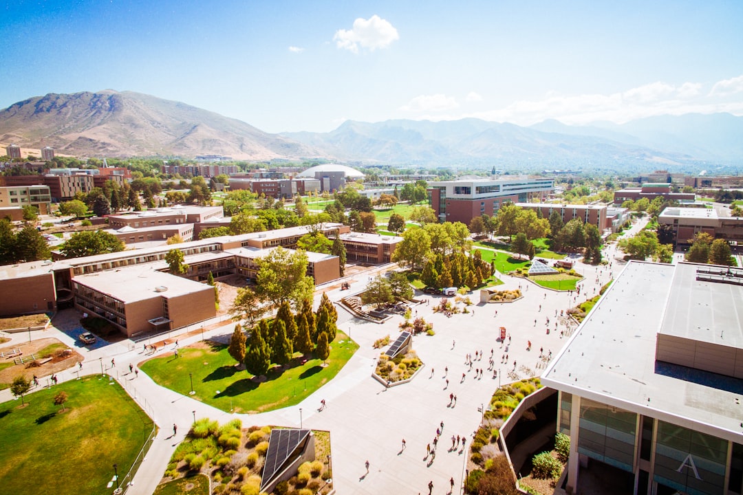 aerial photography green and white concrete building, University of Utah Aerial
