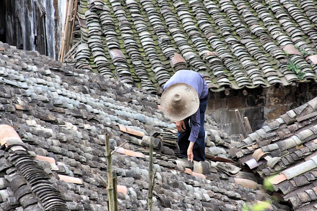 A person wearing a wide-brimmed straw hat is working on repairing or inspecting a roof made up of traditional grey tiles. The roof tiles are arranged in an overlapping pattern and show various shades of grey, with patches of moss or discoloration.