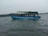 A blue motorboat with a green canopy is carrying several people across a body of water. The boat appears to be moving steadily with visible water ripples around it. In the background, a distant shoreline with trees is visible under an overcast sky.
