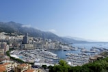 A scenic view of a coastal city with numerous luxury yachts docked in a marina. The city is surrounded by lush green hills and high-rise buildings, with a clear blue sky and calm waters in the background.