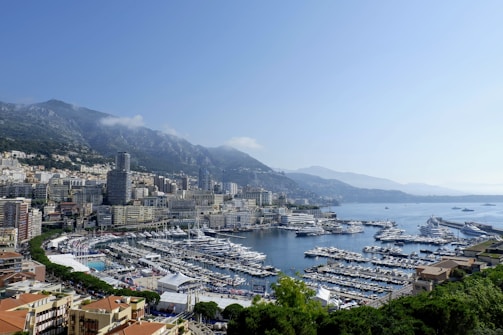 A scenic view of a coastal city with numerous luxury yachts docked in a marina. The city is surrounded by lush green hills and high-rise buildings, with a clear blue sky and calm waters in the background.