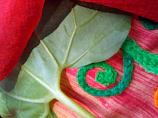 Close-up of a colorful vegetable-themed logo on a business card.