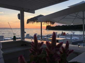A serene beachside view at sunset, featuring an outdoor seating area with lounge chairs and sun umbrellas. In the foreground, there are pink flowers on a counter. The horizon shows a peaceful sea, while the sun sets behind a distant hill, casting warm orange and pink hues across the sky.
