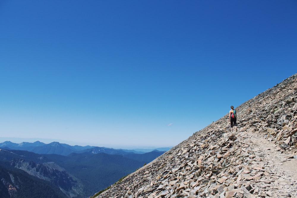 landscape photography of man standing on brown mountain