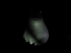 A sculpture or figurine resembling a cat is partially illuminated in a dark setting. The texture of the figurine is smooth with distinct grooves, capturing the light at certain angles.