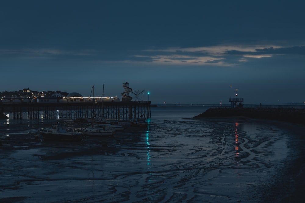 photography of white boats beside bridge during nighttime