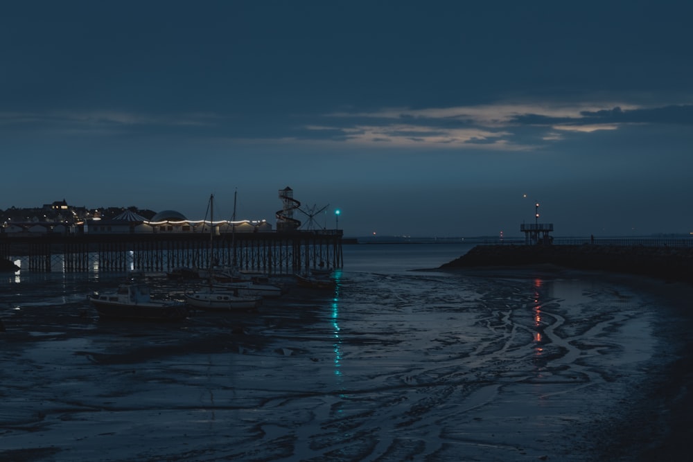 Fotografie von weißen Booten neben der Brücke bei Nacht
