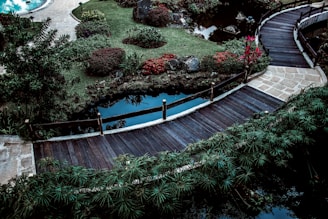 Before and after images of a garden transformed with lush plants and elegant pathways.