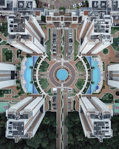 aerial photo of four-building structure