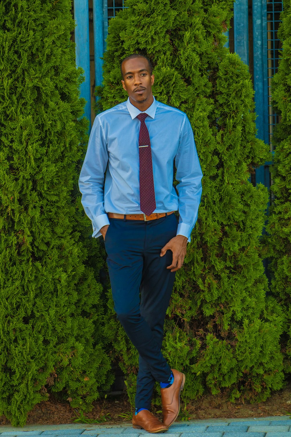 man in blue dress shirt and pants near green leafed plants