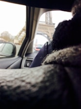 Comfortable taxi interior with a view of Versailles landmarks through the window.