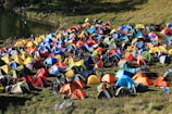 A colorful array of numerous tents is set up on a grassy field near a body of water, with people moving around the encampment. The scene conveys the hustle and bustle of a camping event or festival, with vibrant colors and a lively atmosphere. The tents' arrangement and the natural surroundings suggest a harmonious blend of outdoor adventure and social gathering.