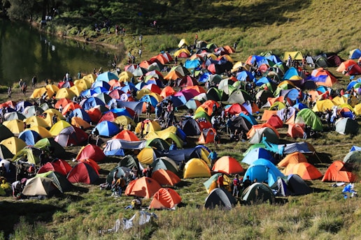 A colorful array of numerous tents is set up on a grassy field near a body of water, with people moving around the encampment. The scene conveys the hustle and bustle of a camping event or festival, with vibrant colors and a lively atmosphere. The tents' arrangement and the natural surroundings suggest a harmonious blend of outdoor adventure and social gathering.