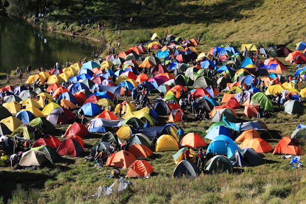 A vibrant collage showing camping tents, a shikara gliding on water, and a group rafting down a river.