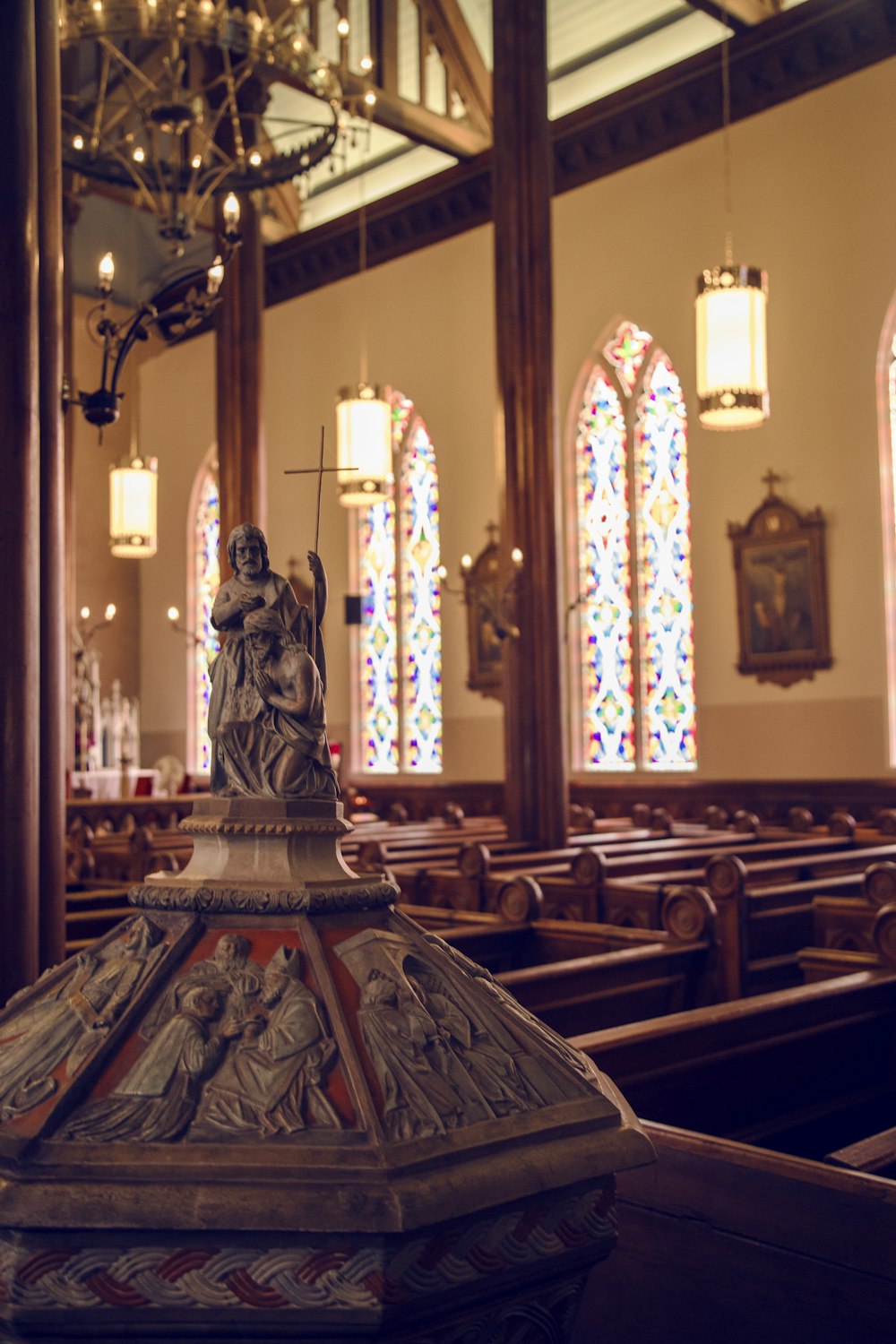 selective focus photography of cathedral interior
