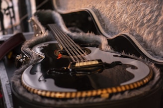 A glossy, black acoustic guitar rests in an open, plush-lined case. The guitar features a traditional tear-drop-shaped soundhole with elegant detailing around the edges. Its strings stretch tautly across the body, and the ambient lighting casts soft reflections on its polished surface.