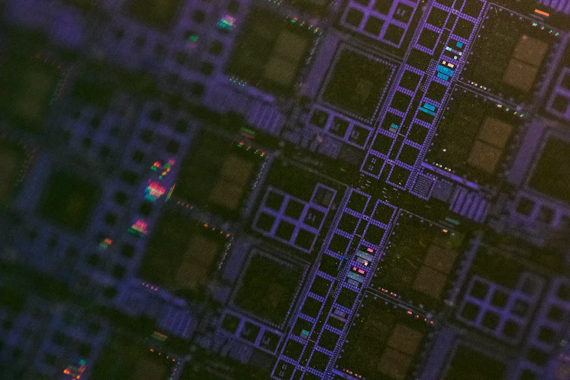 Macro of a wafer with a purple circuit pattern