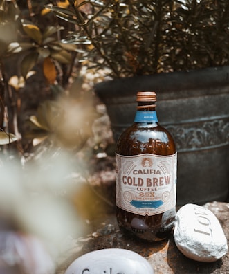 A bottle of Californian cold brew coffee is positioned outdoors on a rock surface. The bottle is brown with a decorative label indicating the coffee is mocha flavored and concentrated. Surrounding the bottle are stones with engraved words like 'love.' There's a large decorative plant pot in the background along with green foliage, giving an earthy ambiance.