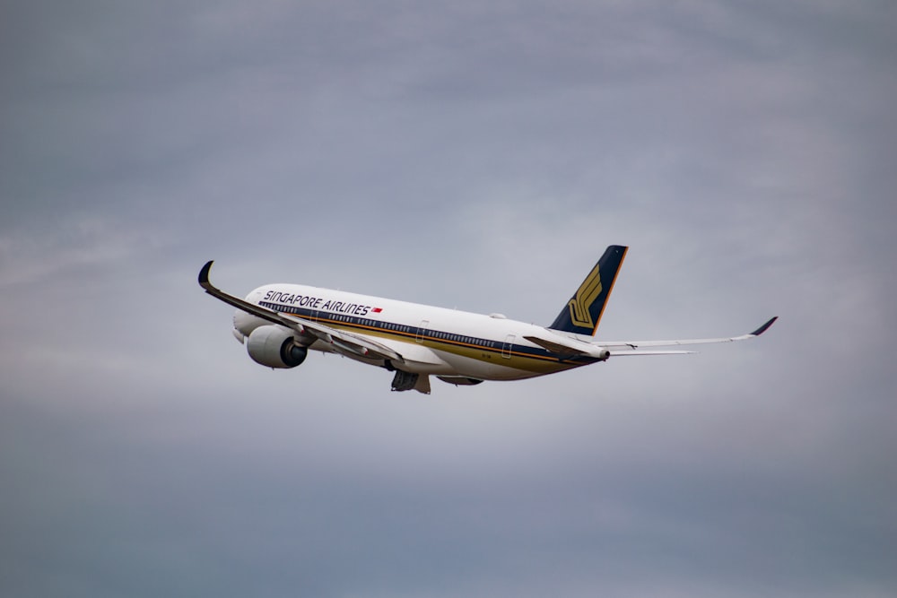 weißes Flugzeug der Singapore Airlines fliegt an einem bewölkten Tag