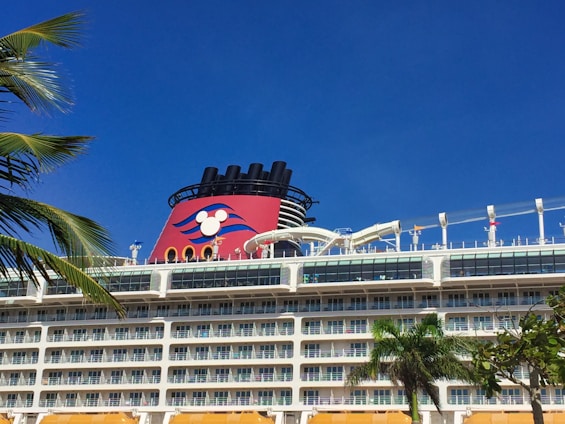 A large cruise ship with multiple decks and balconies is seen under a clear blue sky. The ship features a prominent red funnel with a cartoon character logo. Palm leaves are visible in the foreground, adding to the tropical feel of the scene.