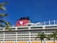 A large cruise ship with multiple decks and balconies is seen under a clear blue sky. The ship features a prominent red funnel with a cartoon character logo. Palm leaves are visible in the foreground, adding to the tropical feel of the scene.
