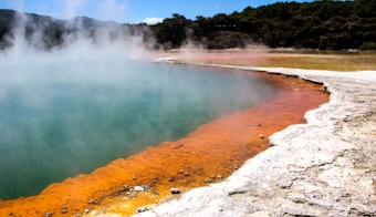 A vibrant geothermal hot spring displays a striking combination of colors, with steaming blue-green water surrounded by a vivid orange and yellow mineral deposit along the edge. The bright colors contrast with the dark green foliage of the forested hills in the background under a clear blue sky.