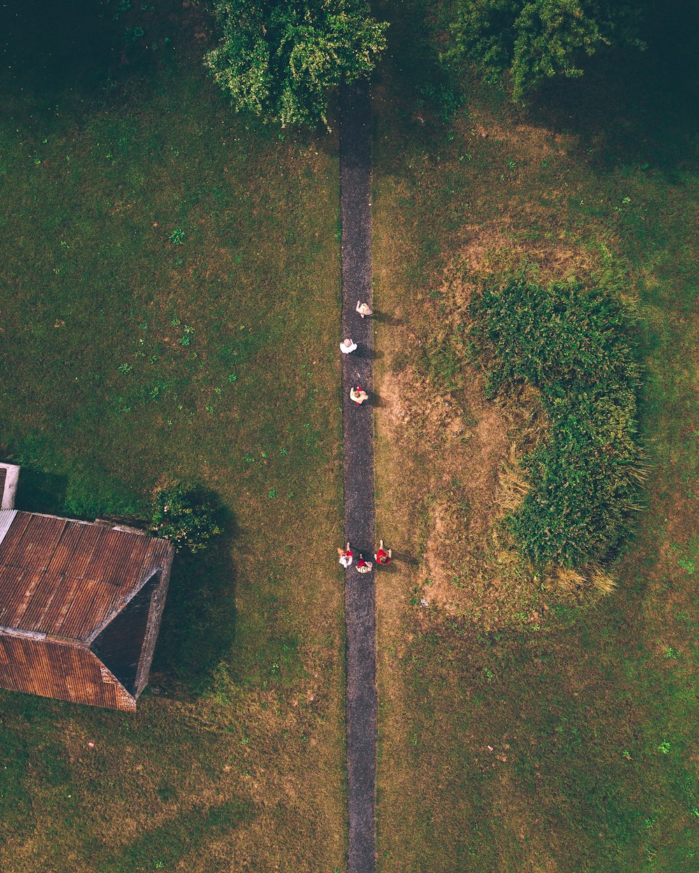 six people walking on road near brown house