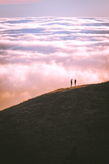 couple standing on grass field mountain