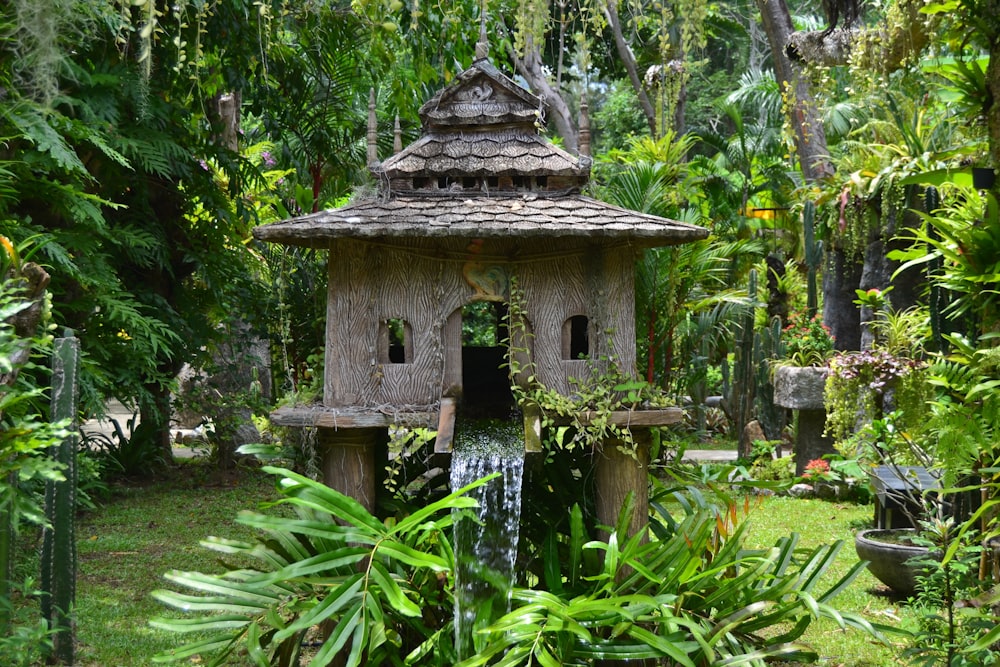 brown water fountain in the middle of the forest