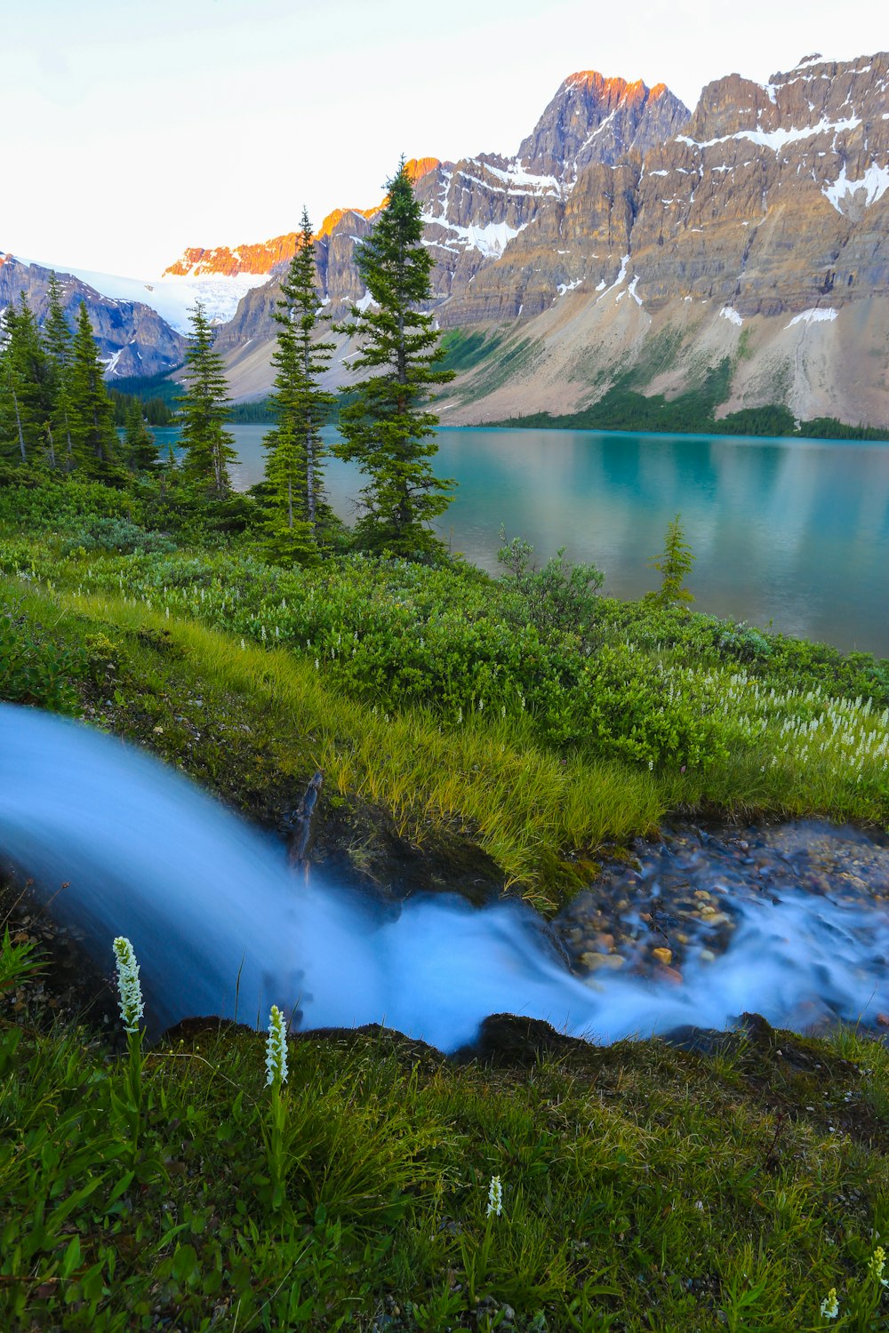 body of water, grass, and mountains during daytime