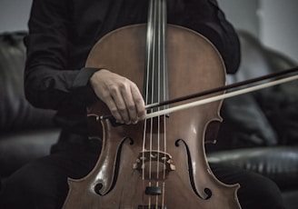 person wearing black dress shirt playing brown cello string instrument