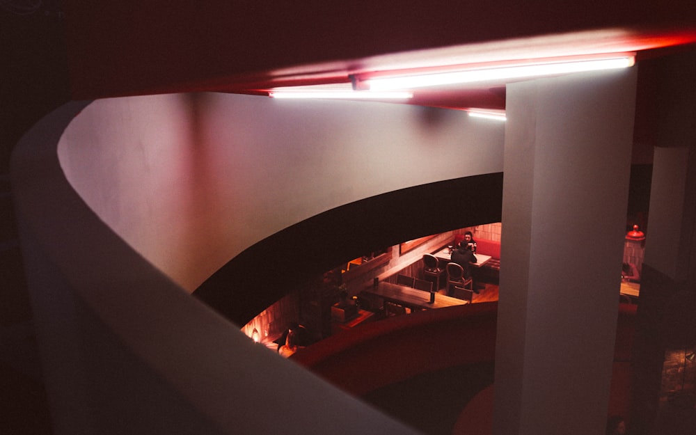 a view of a building from the top of a spiral staircase