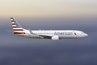 A large commercial airplane with the American logo is flying through an open sky with soft gradient hues ranging from light blue to gray.